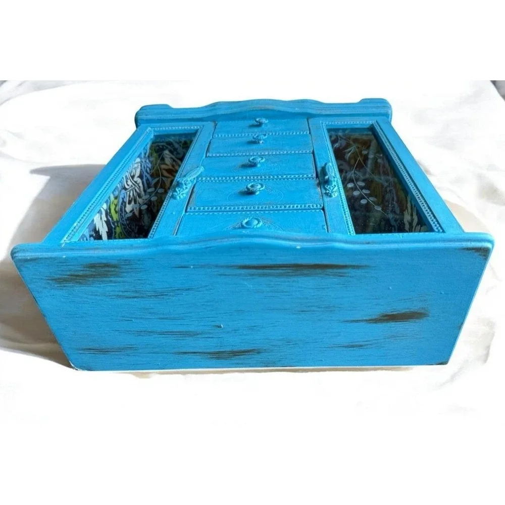Upcycled Shabby Chic Turquoise Vintage Wood Jewelry Box Chest Armoire 5 Drawer